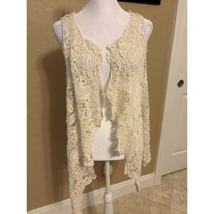 Women's Bohemian Style Crochet Lace Open Front Vest, Large, Ivory
